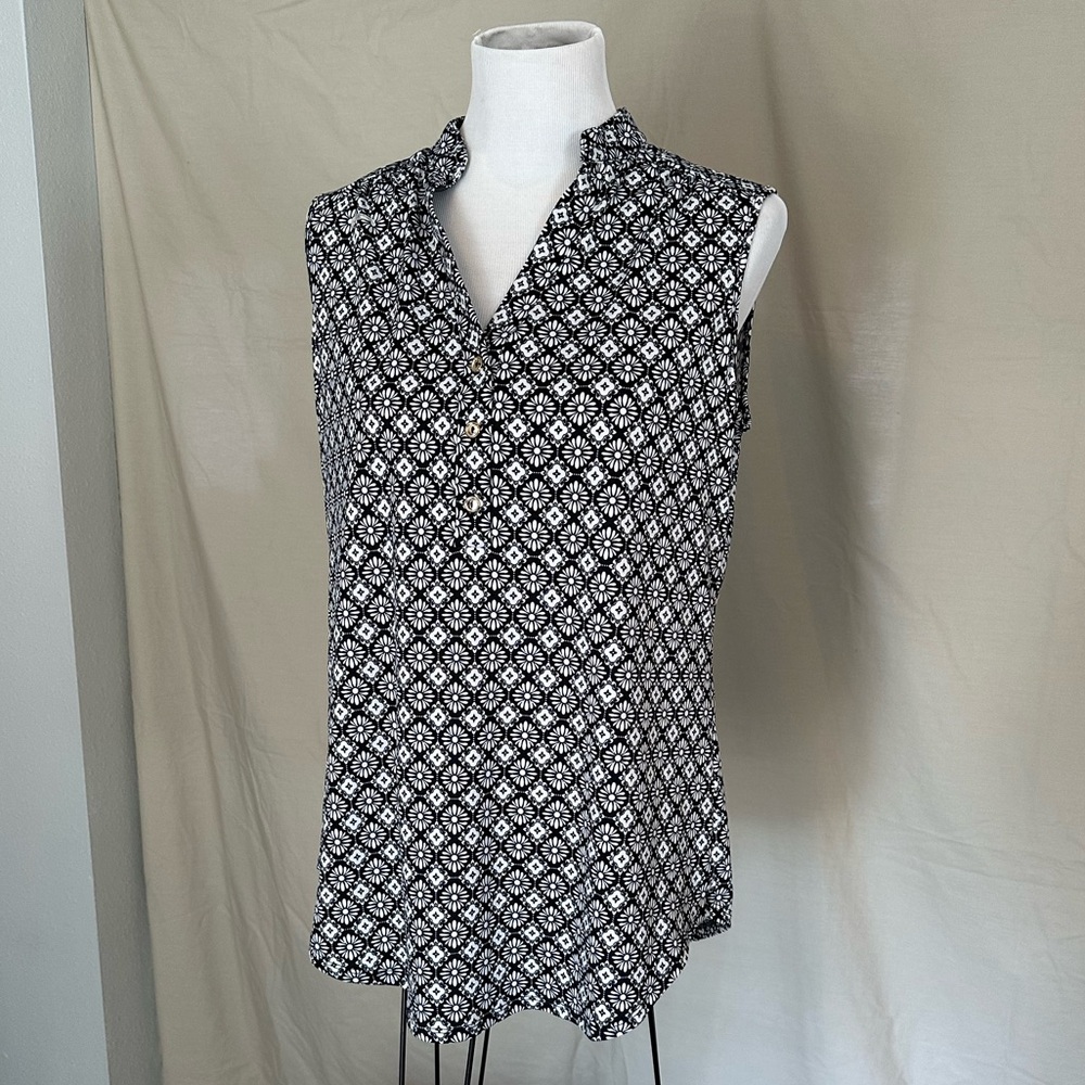 PerSeption Concept Black & White Sleeveless Blouse geometric print tank XL gold